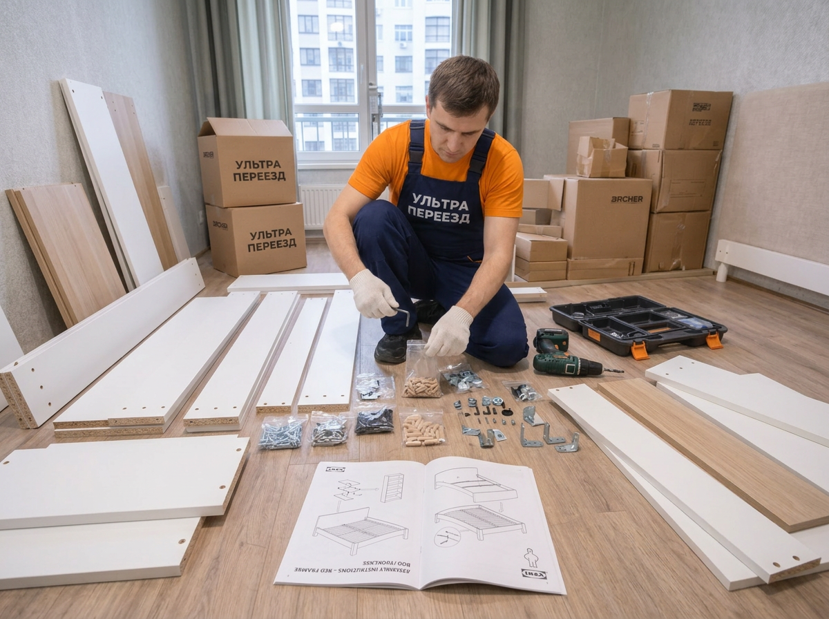 Мастер собирает мебель IKEA по инструкции
